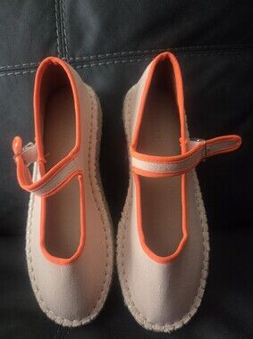 Atbell Women’s Canvas Mary Jane Espadrilles - Cream with Neon Orange Trim